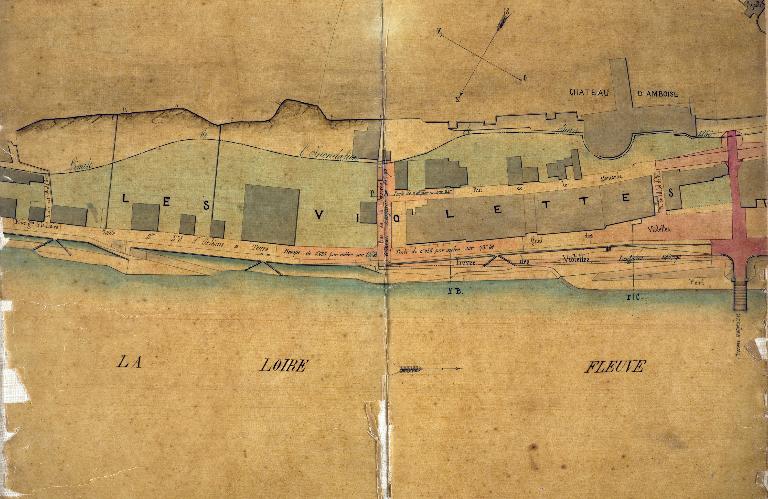 Plan général de la ville de Tours dressé par Jacquemin Bellisle en 1818, détail sur l'emplacement où sera établie la gare du canal de jonction Cher Loire en 1824-1828. (archives départementales d'Indre-et-Loire, Plan 499).