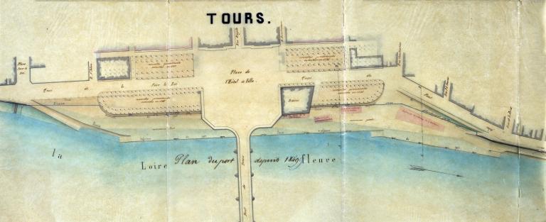 Plan des quays à construire dans toute la longueur de la ville de Tours depuis la levée de Saint-Pierre-des-Corps jusqu'au pont Sainte-Anne, vers 1775, détail : cales au niveau de la rue de l'Ecouerie et de la rue Saint-Martin. ; Plan des quays à construire dans toute la longueur de la ville de Tours depuis la levée de Saint-Pierre-des-Corps jusqu'au pont Sainte-Anne, vers 1775, détail : cales au niveau de la rue de l'Ecouerie et de la rue Saint-Martin.