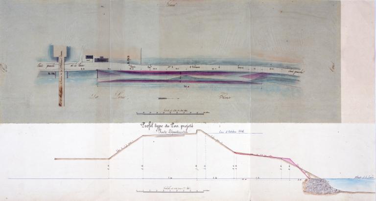Plan des quays à construire dans toute la longueur de la ville de Tours depuis la levée de Saint-Pierre-des-Corps jusqu'au pont Sainte-Anne, vers 1775, détail : cale au niveau de la tour Heugon. (archives départementales d'Indre-et-Loire, C 276 (1-2)). ; Plan des quays à construire dans toute la longueur de la ville de Tours depuis la levée de Saint-Pierre-des-Corps jusqu'au pont Sainte-Anne, vers 1775, détail : cale au niveau de la tour Heugon. (archives départementales d'Indre-et-Loire, C 276 (1-2)).