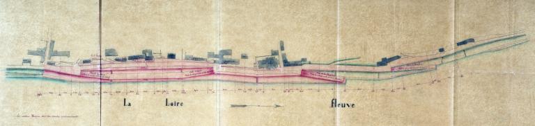 Vue aérienne de Henrard prise en 1949 : partie de la Loire située en aval du pont de pierre, vue prise vers le nord. (N° 1472).