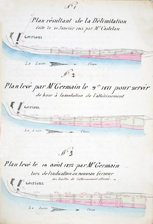 Extrait de la carte de la Loire par l'ingénieur Coumes (1848) complétée en 1858 par l'ingénieur Collin. (archives départementales du Loiret, Liasse 30936).