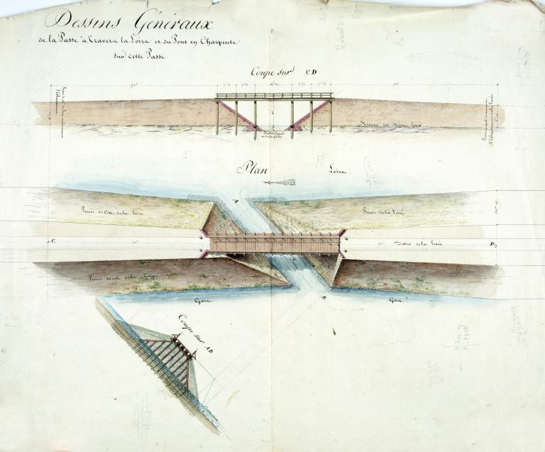 Rive gauche, abords du pont suspendu de Saint-Symphorien, vue prise vers l'amont. La cale abreuvoir simple et la rampe en amont du pont sont bien visibles. Carte postale ancienne. (archives départementales d'Indre-et-Loire, 10 Fi 261 1560).
