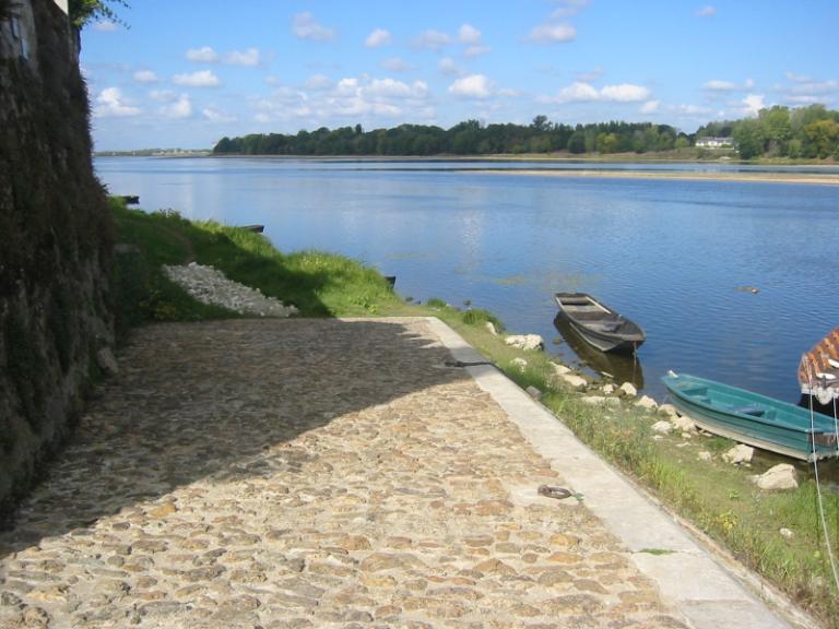 Vue de la ville d'Amboise depuis l'île d'Or (anciennement île Saint-Jean),  aval du pont, milieu XIXe siècle.