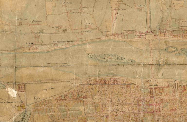Plan de réalignement de 1835, planche n° 15 : rive gauche la Noiraye. (archives municipales d'Amboise, O 210). ; Plan de réalignement de 1835, planche n° 15 : rive gauche la Noiraye. (archives municipales d'Amboise, O 210).