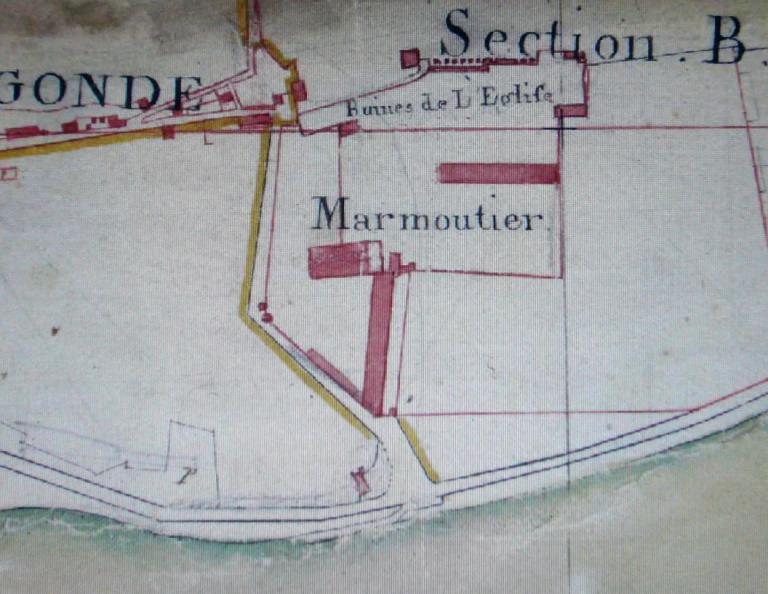 Projet d'exhaussement et de consolidation de la levée gauche de la Loire au droit du bourg de Bréhémont, 28 mai 1858, ingénieur de Vésian : profil type n°1. (archives départementales d'Indre-et-Loire, S 4994).