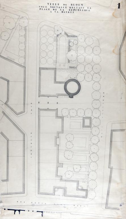 Projet de voie nouvelle reliant la place de la République à la mairie, par L. Arretche, vers 1943. (Fds L. Arretche. SIAF/Cité de l'architecture et du patrimoine/archives d'architecture du XXe s./112 IFA : 200/2).