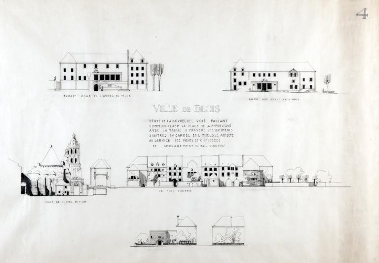 Etude de la nouvelle voie entre la place de la République et la mairie à travers les bâtiments sinistrés du Carmel et l'immeuble affecté aux Ponts et Chaussées, et aménagement du mail Clouseau, par L. Arretche, vers 1943 (Fds L. Arretche. SIAF/Cité de l'architecture et du patrimoine/archives d'architecture du XXe s./112 IFA : 200/2) 