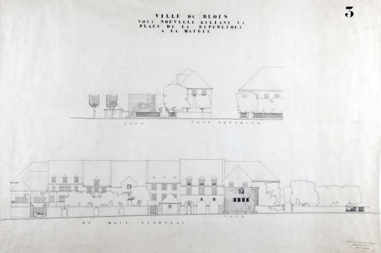 Projet de voie nouvelle reliant la place de la République à la mairie, par L. Arretche mai 1943. (Fds L. Arretche. SIAF/Cité de l'architecture et du patrimoine/archives d'architecture du XXe s./112 IFA : 200/2).