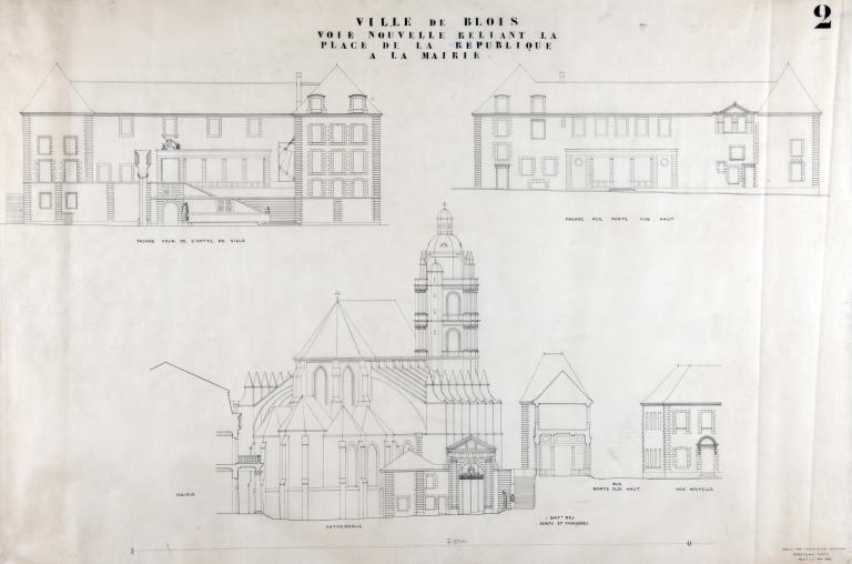 Projet de voie nouvelle reliant la place de la République à la mairie, par L. Arretche, mai 1943. (Fds L. Arretche. SIAF/Cité de l'architecture et du patrimoine/archives d'architecture du XXe s./112 IFA : 200/2).