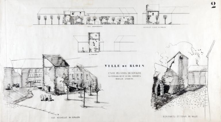 Etudes des voies en bordure du terrain Rétif et des remparts, par Louis Arretche, 1943. (Fds L. Arretche. SIAF/Cité de l'architecture et du patrimoine/archives d'architecture du XXe s., 112 IFA : 200/2).