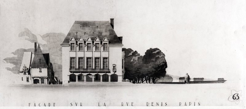 Projet d'hôtel de ville, façade sur la rue Denis-Papin, par André Aubert, vers 1937. (Fonds A. Aubert. SIAF/ Cité de l'architecture et du Patrimoine / Archives XXe siècle, 72 IFA : 324/5). ; Projet d'hôtel de ville, façade sur la rue Denis-Papin, par André Aubert, vers 1937. (Fonds A. Aubert. SIAF/ Cité de l'architecture et du Patrimoine / Archives XXe siècle, 72 IFA : 324/5).