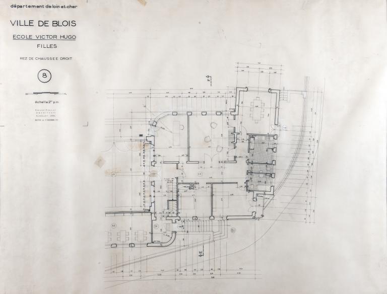 Habitations angle rue d'Angleterre et rue des Cordeliers, plan du rez-de-chaussée par A. Aubert, 1951-52. (Fonds A. Aubert. SIAF/ Cité de l'architecture et du Patrimoine / Archives XXe siècle, 72 IFA : 322).