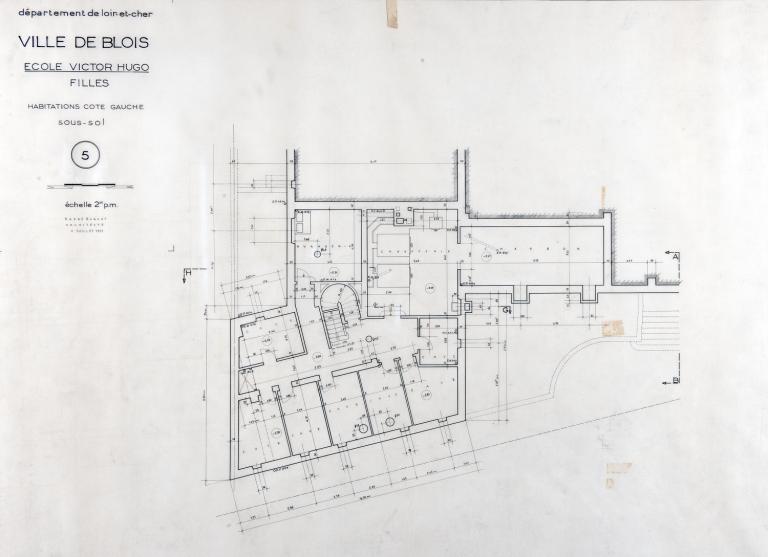 Habitations rue d'Angleterre, plan du sous-sol par A. Aubert, 1951. (Fonds A. Aubert. SIAF/ Cité de l'architecture et du Patrimoine / Archives XXe siècle, 72 IFA : 322).