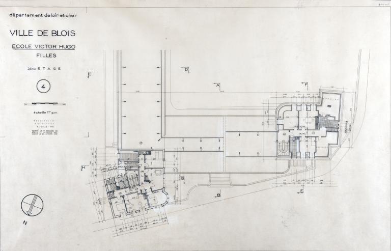 Ecole Victor-Hugo, plan du 2e étage par A. Aubert, 1951-52. (Fonds A. Aubert. SIAF/ Cité de l'architecture et du Patrimoine / Archives XXe siècle, 72 IFA : 322).