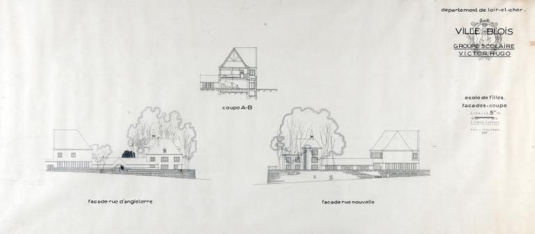 Projet de groupe scolaire par A. Aubert et A. Pronier, façades et coupes de l'école de filles, 1947. (Fonds A. Aubert. SIAF/ Cité de l'architecture et du Patrimoine / Archives XXe siècle, 072 IFA : 322).