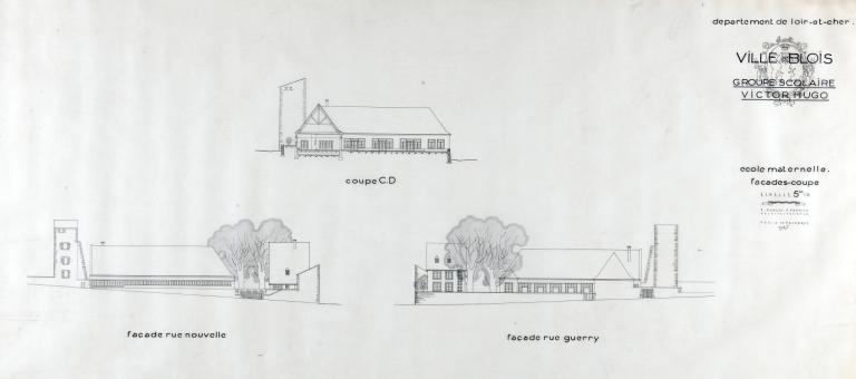 Projet de groupe scolaire par A. Aubert et A. Pronier, façades et coupes de l'école maternelle, 1947. (Fonds A. Aubert. SIAF/ Cité de l'architecture et du Patrimoine / Archives d'architecture du XXe siècle, 072 IFA : 322).