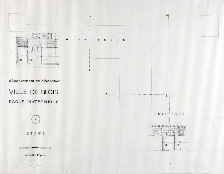 Projet d'école maternelle, plan de l'étage par A. Aubert, 06-1953. (Fonds A. Aubert. SIAF/ Cité de l'architecture et du Patrimoine / Archives d'architecture du XXe siècle, 072 IFA : 322).