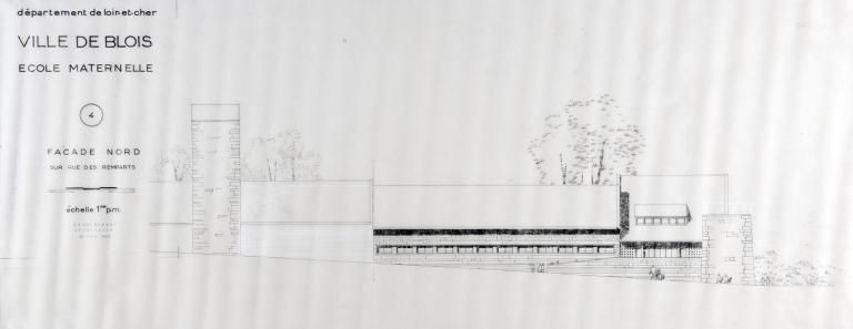 Projet d'école maternelle, façade nord sur la rue des Remparts par A. Aubert, 06-1953. (Fonds A. Aubert. SIAF/ Cité de l'architecture et du Patrimoine / Archives d'architecture du XXe siècle, 072 IFA : 322).