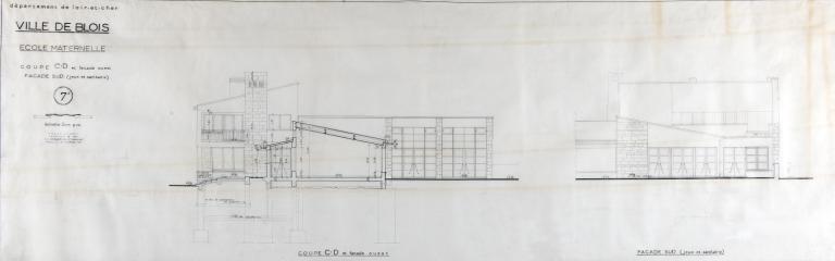 Projet d'école maternelle par A. Aubert, coupe et façade sud, jeux et sanitaires, 11-1955. (Fonds A. Aubert. SIAF/ Cité de l'architecture et du Patrimoine / Archives d'architecture du XXe siècle, 072 IFA : 322).