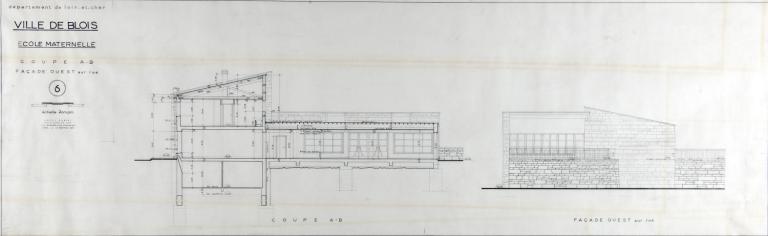 Projet d'école maternelle par A. Aubert, coupe et façade ouest sur rue, 11-1955. (Fds A. Aubert. SIAF/Cité de l'architecture et du patrimoine/archives d'architecture du XXe s., 072 IFA : 322).