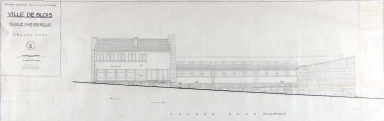 Projet d'école maternelle par A. Aubert, façade nord, 11-1955. (Fonds A. Aubert. SIAF/ Cité de l'architecture et du Patrimoine / Archives d'architecture du XXe siècle, 072 IFA : 322).