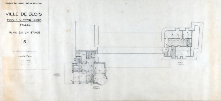 Projet d'école Victor-Hugo, plan du 2e étage par A. Aubert, 04-1950. (Fonds A. Aubert. SIAF/ Cité de l'architecture et du Patrimoine / Archives XXe siècle, 072 IFA : 322).