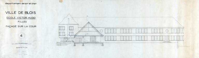 Projet d'école Victor-Hugo, façade sur cour par A. Aubert, 04-1950. (Fonds A. Aubert. SIAF/ Cité de l'architecture et du Patrimoine / Archives XXe siècle, 072 IFA : 322).