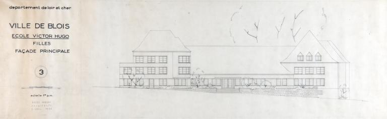 Projet d'école Victor-Hugo, façade principale par A. Aubert, 04-1950. (Fonds A. Aubert. SIAF/ Cité de l'architecture et du Patrimoine / Archives XXe siècle, 072 IFA : 322).