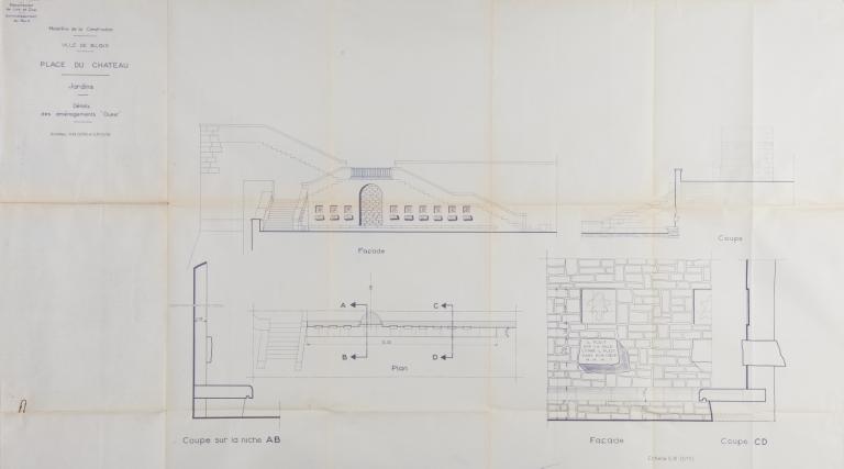 Place du château, jardins, détails des aménagements ouest, sans auteur, sans date, vers les années soixante.