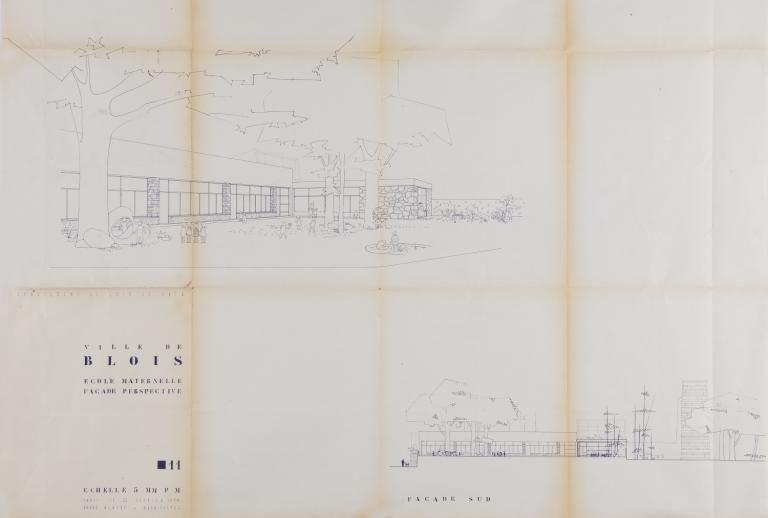 Projet d'école maternelle, façade et vue perspective par André Aubert, 02-1954. (Fonds A. Aubert. SIAF/ Cité de l'architecture et du Patrimoine / Archives d'architecture du XXe siècle, 072 IFA : 119).