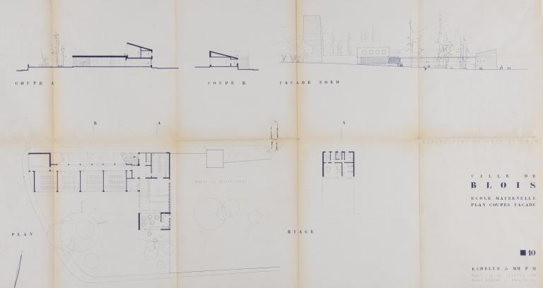 Projet d'école maternelle, plans, coupes, façades par A. Aubert, 02-1954. (Fonds A. Aubert. SIAF/ Cité de l'architecture et du Patrimoine / Archives d'architecture du XXe siècle, 072 IFA : 119).