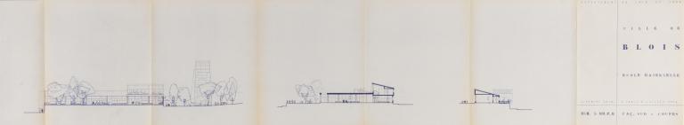 Projet d'école maternelle, façade sud et coupes par A. Aubert, 07-1954. (Fonds A. Aubert. SIAF/ Cité de l'architecture et du Patrimoine / Archives d'architecture du XXe siècle, 072 IFA : 119).