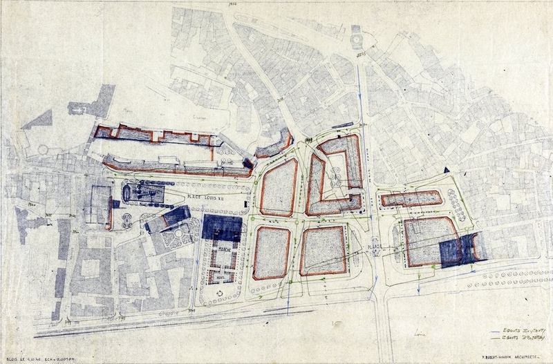 Esquisse de plan de reconstruction de la rive droite avec plan des égouts projetés par Paul Robert-Houdin, 1-10-1940. (Archives départementales de Loir-et-Cher, Blois, 176 FiV 65).