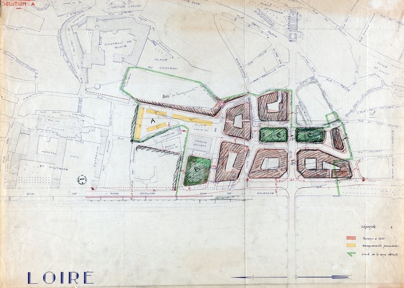 Plan de reconstruction de la rive droite de Blois par P. Robert-Houdin, dite solution A, sans date, probablement 1940. (Archives départementales de Loir-et-Cher, Blois, 176 FiV 65).