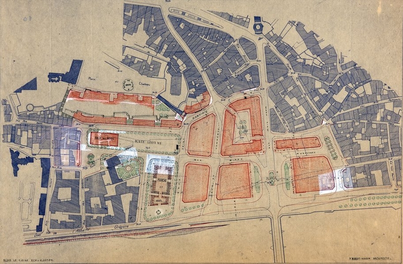 Esquisse de plan de reconstruction de la rive droite par Paul Robert-Houdin, 1-10-1940. (Archives départementales de Loir-et-Cher, Blois, 176 FiV 65).