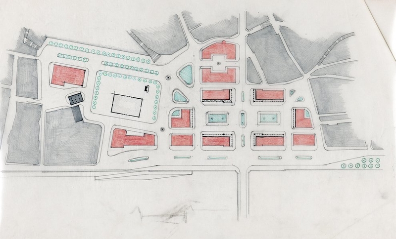 Variante du plan de reconstruction de la rive droite dite solution A, par P. Robert-Houdin, sans date, probablement 1940. (Archives départementales de Loir-et-Cher, Blois, 176 FiV 65).