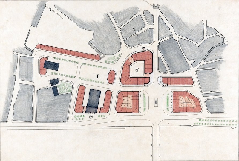 Esquisse sans date, variante du projet de plan de reconstruction de la rive droite du 1-10-1940, avec une place Louis-XII agrandie, par Paul Robert-Houdin. (Archives départementales de Loir-et-Cher, Blois, 176 FiV 65).