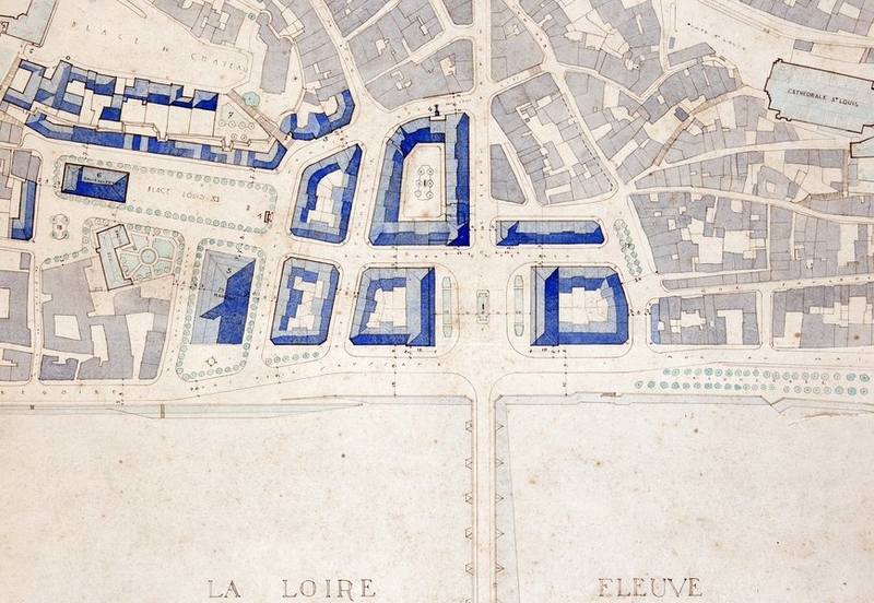 Plan de reconstruction de la ville de Blois par P. Robert-Houdin intégrant un projet d'agrandissement de la place Louis-XII, 14-10-1940 (détail). (Archives départementales de Loir-et-Cher, Blois, 176 FiV 65). ; Plan de reconstruction de la ville de Blois par Paul Robert-Houdin intégrant un projet d'agrandissement du marché, 14-10-1940 (détail). (Archives départementales de Loir-et-Cher, Blois, 176 FiV 65). ; Plan de reconstruction de la ville de Blois par P. Robert-Houdin, rive droite, 14-10-1940 (détail). (Archives départementales de Loir-et-Cher, Blois, 176 FiV 65). ; Plan de reconstruction de la ville de Blois par Paul Robert-Houdin, rive droite, 14-10-1940 (détail). ; Plan de reconstruction de la ville de Blois par P. Robert-Houdin, détail sur la rive droite, 14-10-1940. (Archives départementales de Loir-et-Cher, Blois, 176 FiV 65).