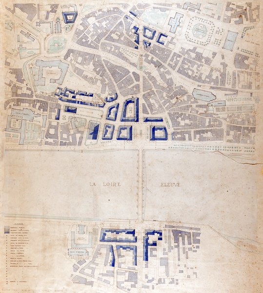 Plan de reconstruction de la ville de Blois par P. Robert-Houdin, 14-10-1940. (Archives départementales de Loir-et-Cher, Blois, 176 FiV 65). ; Plan de reconstruction de la ville de Blois par P. Robert-Houdin, 14-10-1940. (Archives départementales de Loir-et-Cher, Blois, 176 FiV 65).