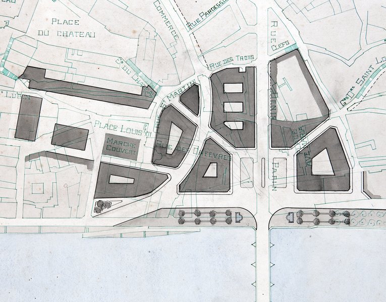 Projet d'aménagement par H. Lafargue et P. Robert-Houdin, rive droite, 19-07-1940 (détail). (Archives départementales de Loir-et-Cher, Blois, 176 FiV 65). ; Projet d'aménagement par H. Lafargue et P. Robert-Houdin, détail sur la rive droite, 19-07-1940. (Archives départementales de Loir-et-Cher, Blois, 176 FiV 65).