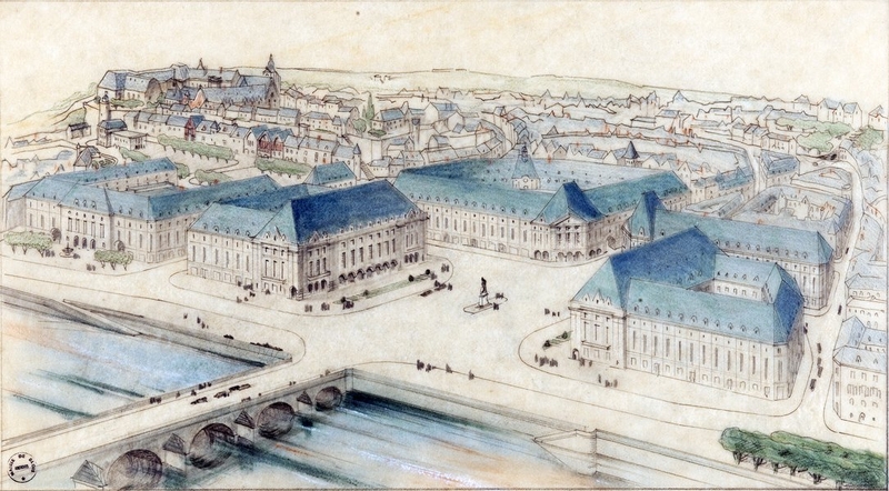 Projet de place de tête de pont, vue perspective, par Paul Robert-Houdin, 15-08-1940. (Archives départementales de Loir-et-Cher, Blois, 176 FiV 65). ; Projet de place de tête de pont par P. Robert-Houdin, vue perspective, 15-08-1940. (Archives départementales de Loir-et-Cher, Blois, 176 FiV 65).