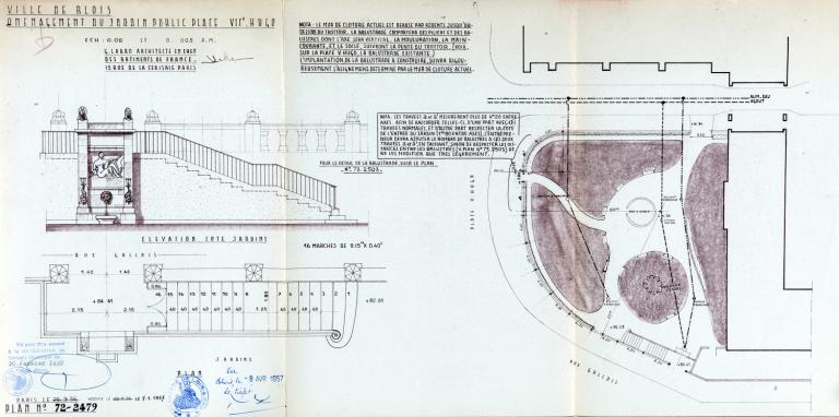 Plan d'aménagement du jardin public de la place Victor-Hugo, par Georges Labro, validé en avril 1957. (Archives départementales de Loir-et-Cher, Blois, 18 O6 VII 40). ; Plan d'aménagement du jardin public de la place Victor-Hugo, par Georges Labro, validé en avril 1957. (Archives départementales de Loir-et-Cher, Blois, 18 O6 VII 40).