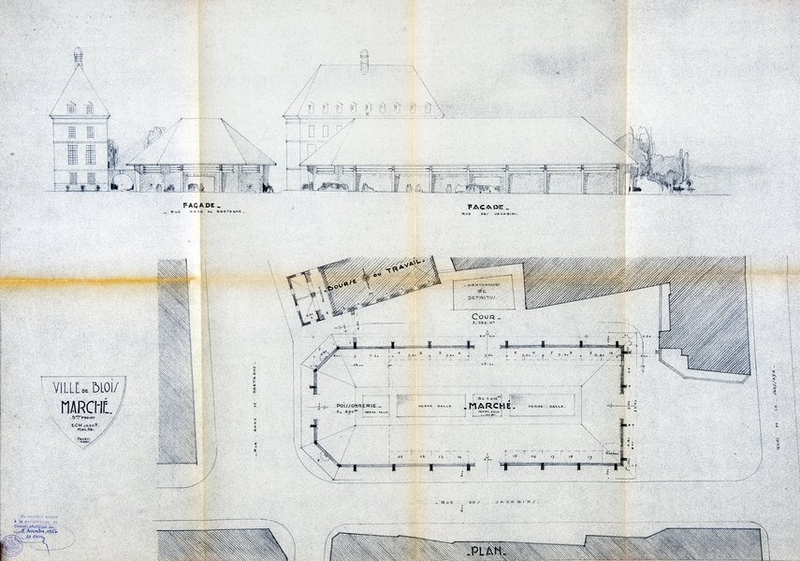 Plan et façades rue des Jacobins et rue Anne-de-Bretagne, 5e projet par Marc Paget, 07-1956. (Archives départementales de Loir-et-Cher, Blois, 18 O6 VII 30).