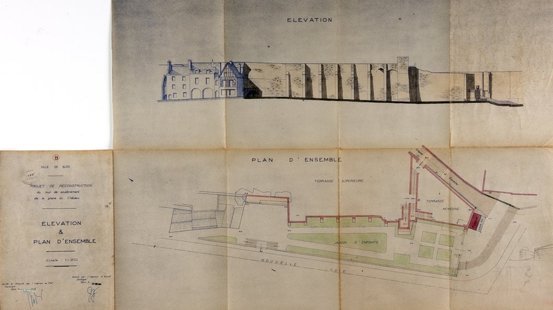 Projet de reconstruction du mur de soutènement de la place du Château, élévation et plan d'ensemble, 1944-45. (Archives départementales de Loir-et-Cher, Blois, RV 3193).