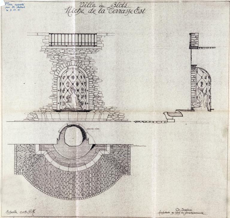 Projet de niche pour la terrasse est par Charles Dorian, vers 1951.