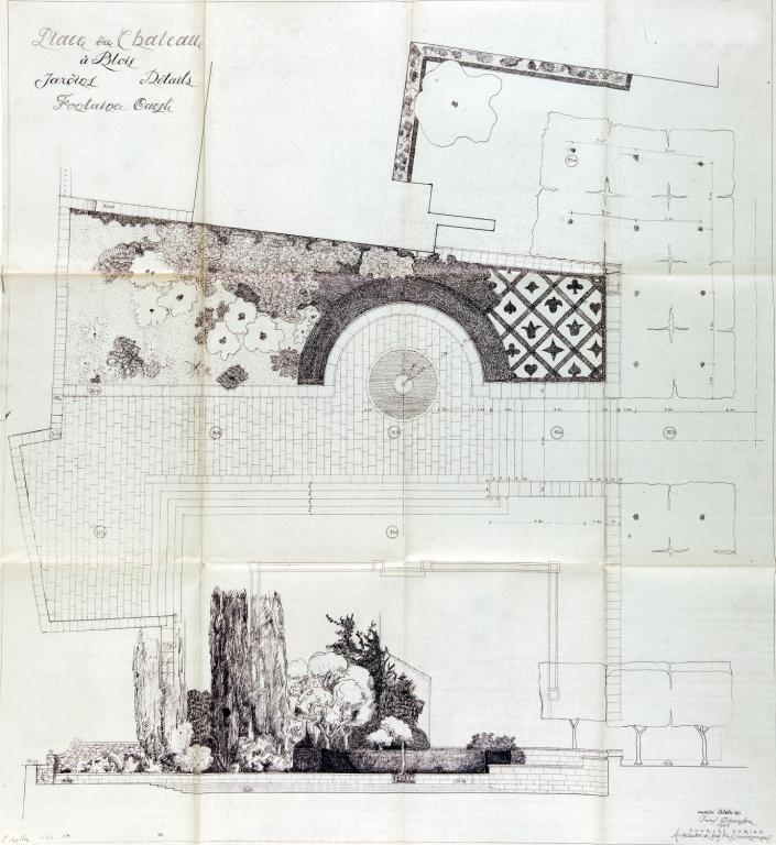 Projet de jardins pour la place du Château, détails et fontaine ouest, 12-1949.