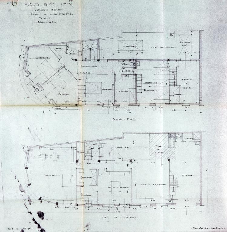 Projet de reconstruction de l'immeuble du 4 rue des Remparts par Paul Cantais, plans, mai 1953. (Archives départementales de Loir-et-Cher, Blois, Série continue : 177 / 1).