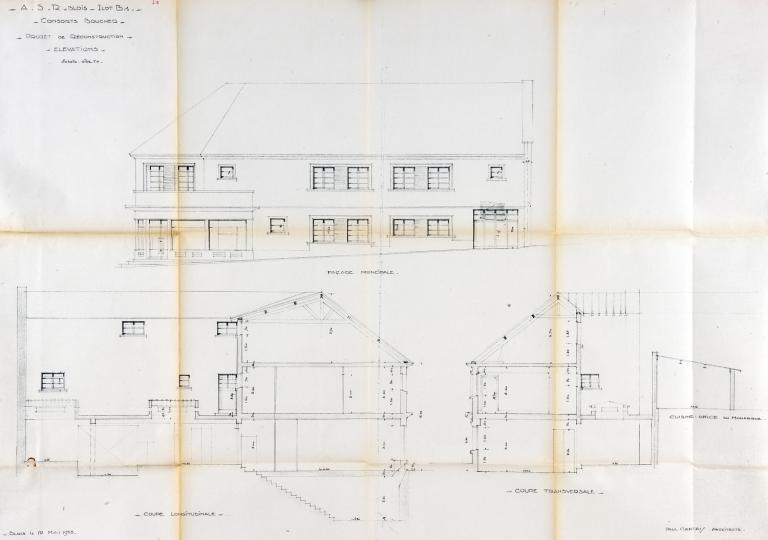 Projet de reconstruction de l'immeuble du 4 rue des Remparts, élévations et coupes, par Paul Cantais, mai 1953. (Archives départementales de Loir-et-Cher, Blois, Série continue : 177 / 1).