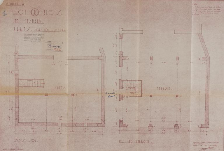 Plans du sous-sol et du rez-de-chaussée de l'immeuble du 1 rue des Alliés, 28-02-1950. (Archives départementales de Loir-et-Cher, Blois, 1195 W 43).