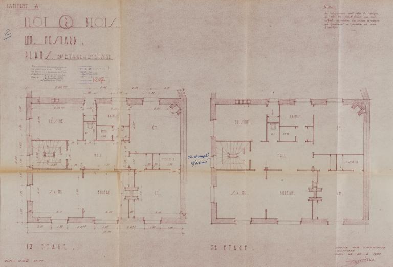 Plan des premier et second étages du  1 rue des Alliés, 28-02-1950. (Archives départementales de Loir-et-Cher, Blois, 1195 W 43).